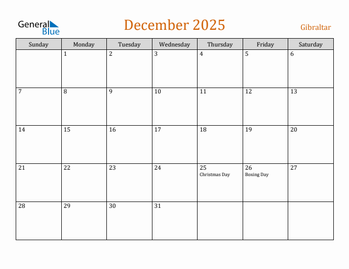 Free December 2025 Gibraltar Calendar