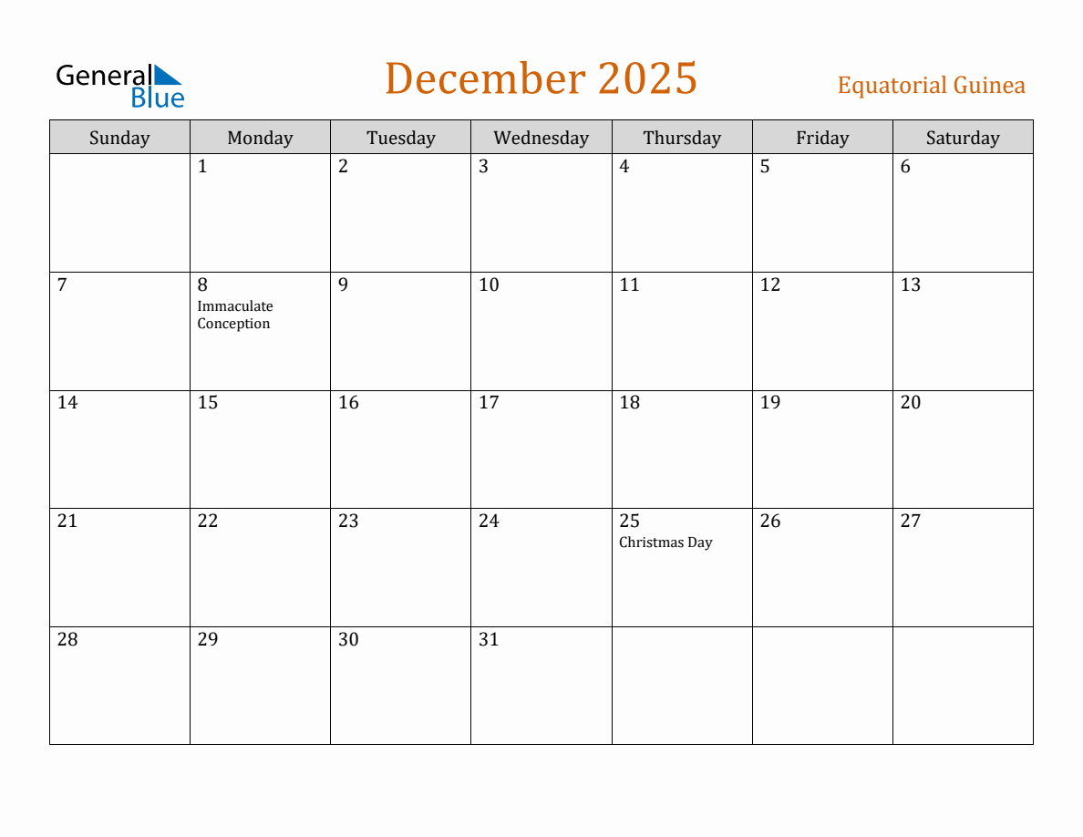 Free December 2025 Equatorial Guinea Calendar