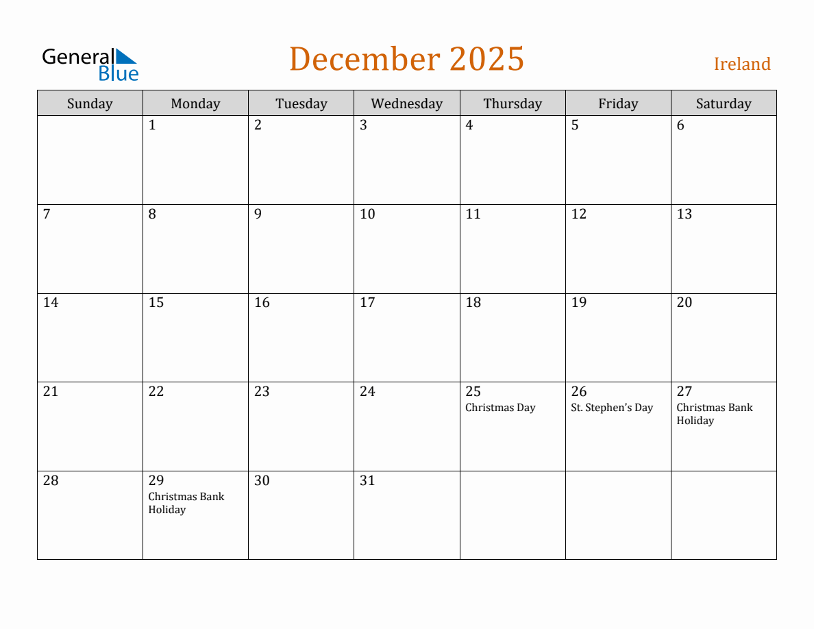 Free December 2025 Ireland Calendar