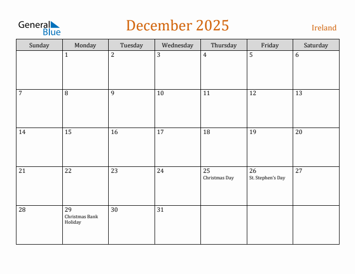 Free December 2025 Ireland Calendar