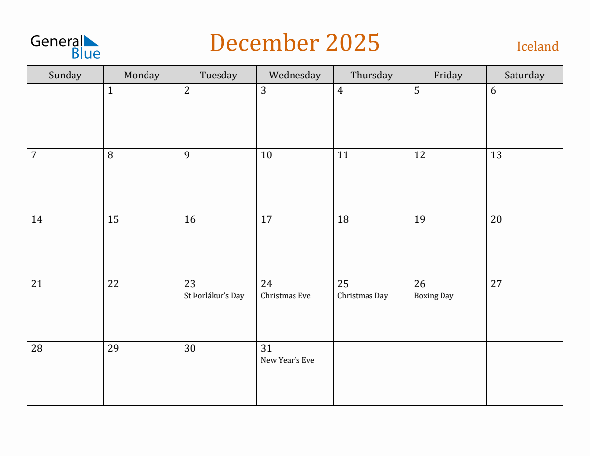 Free December 2025 Iceland Calendar