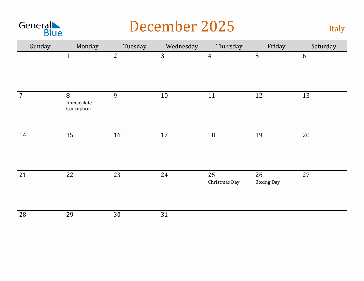 Free December 2025 Italy Calendar