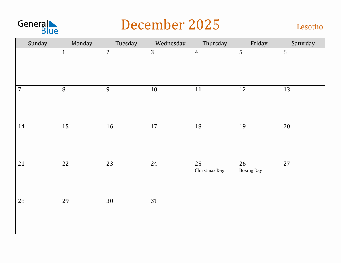 Free December 2025 Lesotho Calendar