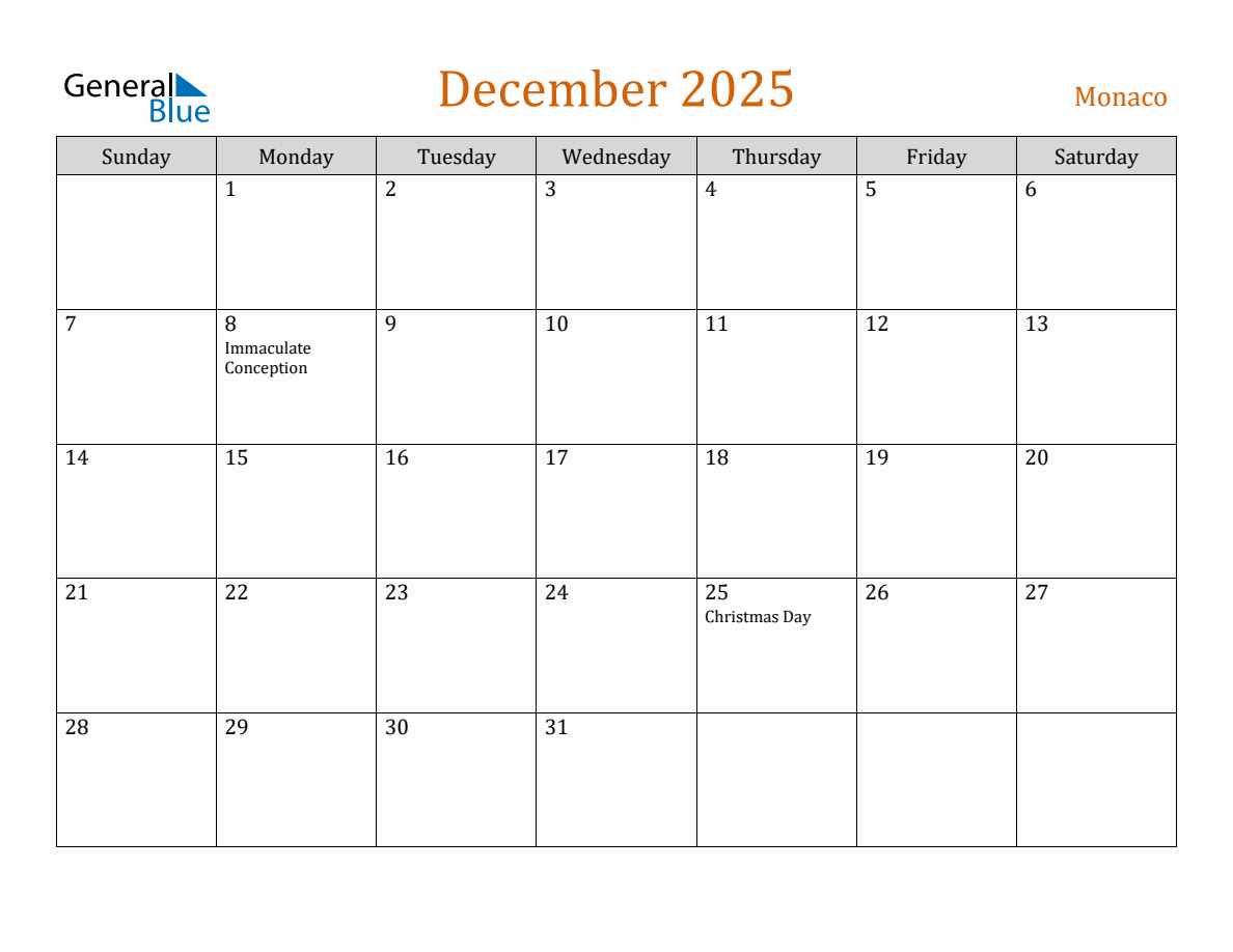 Free December 2025 Monaco Calendar