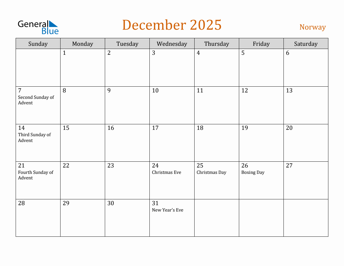 Free December 2025 Norway Calendar