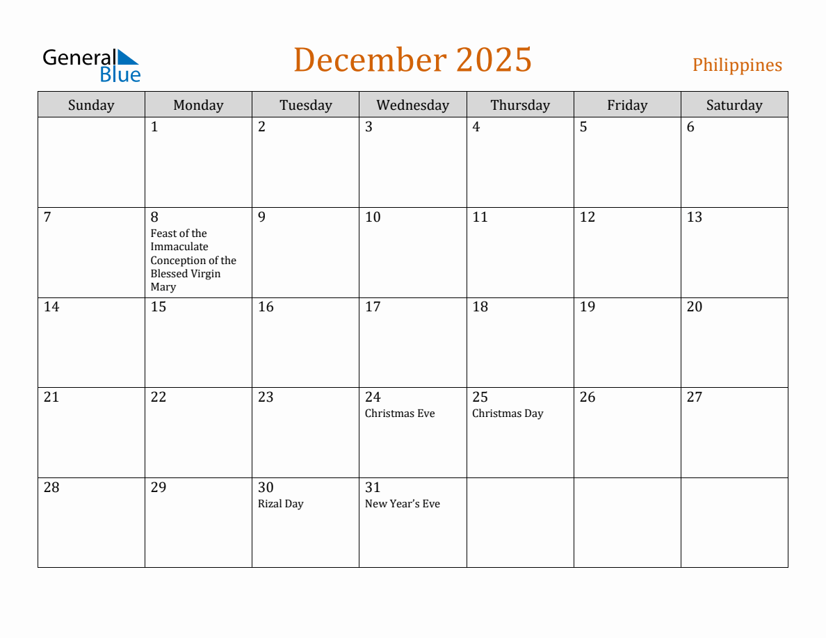 Free December 2025 Philippines Calendar