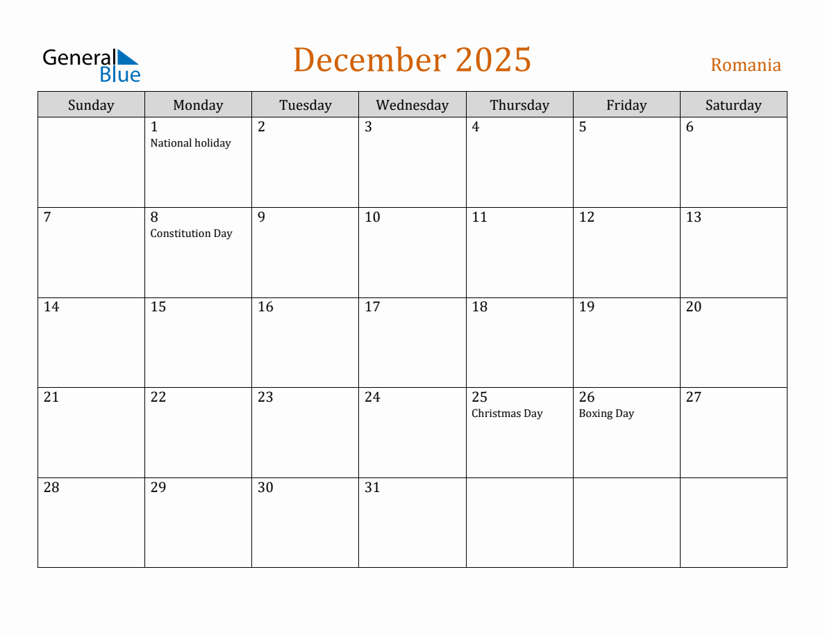 Free December 2025 Romania Calendar