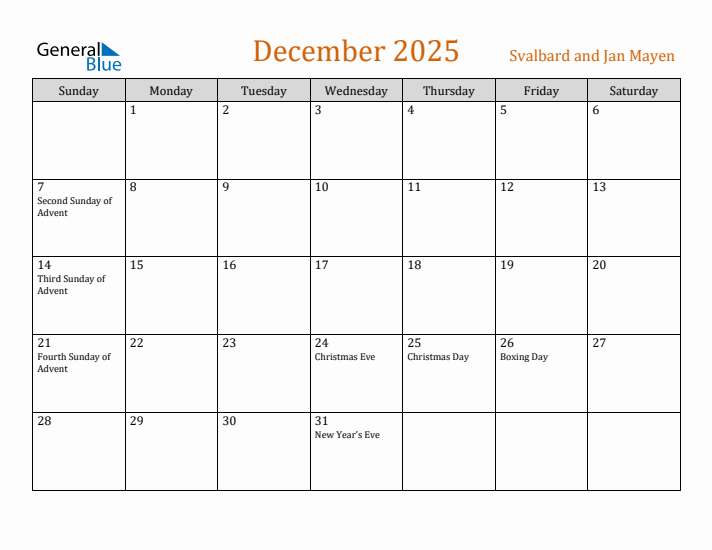 Free December 2025 Svalbard and Jan Mayen Calendar