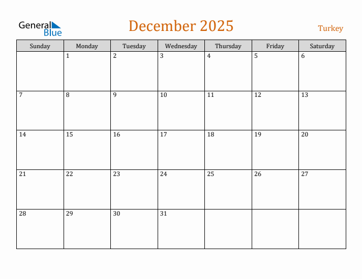 December 2025 Calendar with Turkey Holidays