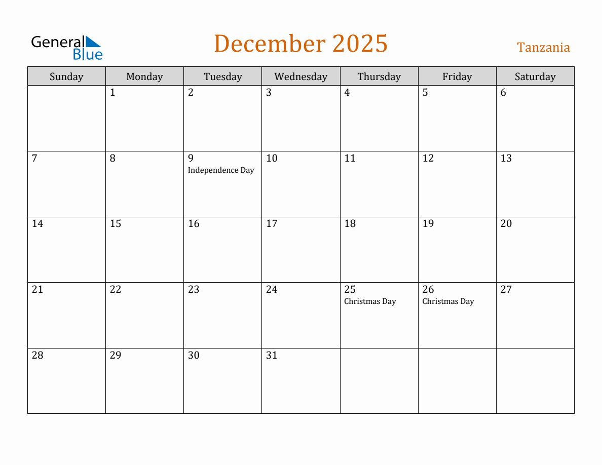 Free December 2025 Tanzania Calendar