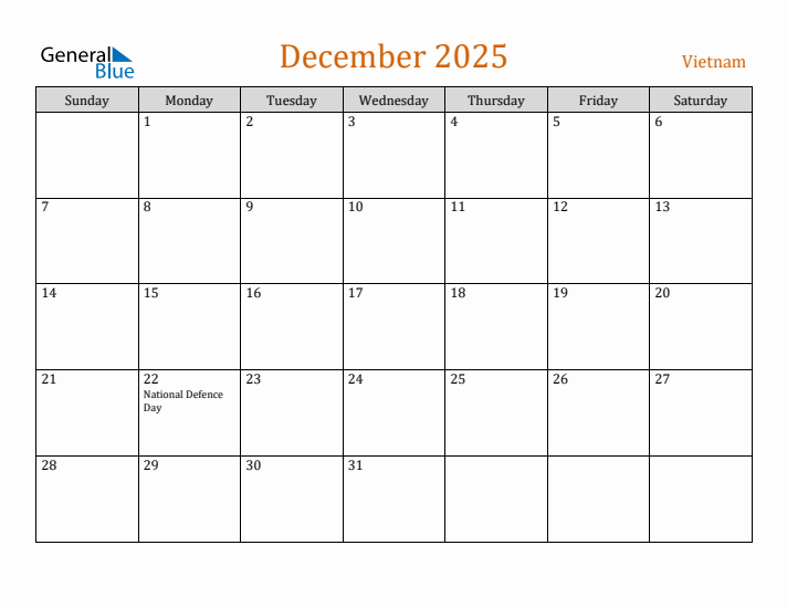 December 2025 Holiday Calendar with Sunday Start