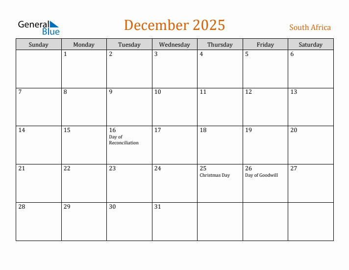 Free December 2025 South Africa Calendar