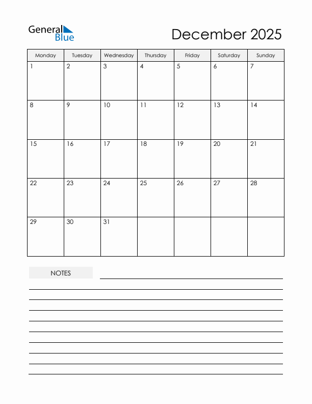 Printable Calendar with Notes - December 2025 