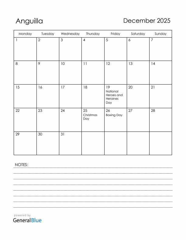 December 2025 Anguilla Calendar with Holidays (Monday Start)