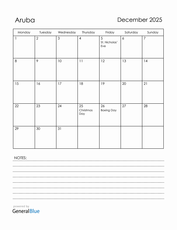 December 2025 Aruba Calendar with Holidays (Monday Start)
