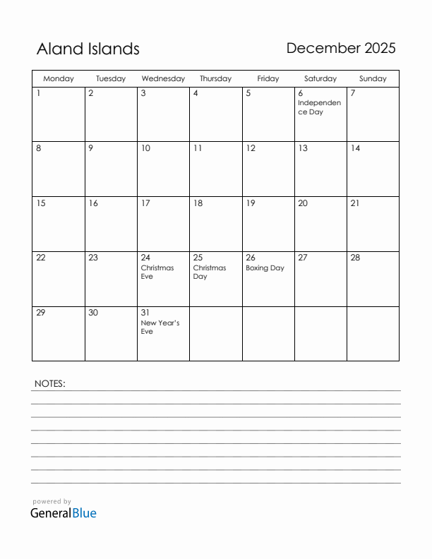 December 2025 Aland Islands Calendar with Holidays (Monday Start)