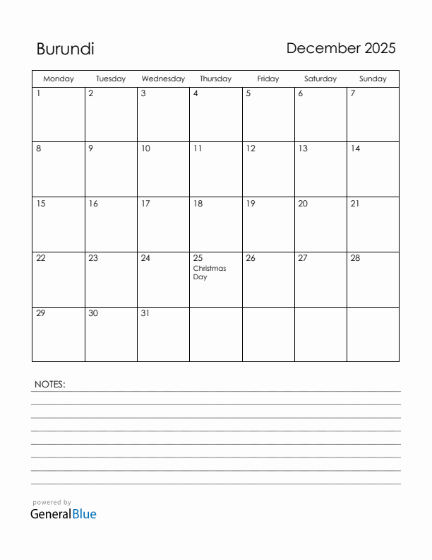 December 2025 Burundi Calendar with Holidays (Monday Start)