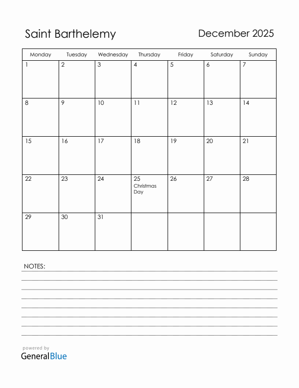 December 2025 Saint Barthelemy Calendar with Holidays (Monday Start)