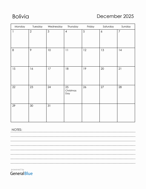 December 2025 Bolivia Calendar with Holidays (Monday Start)