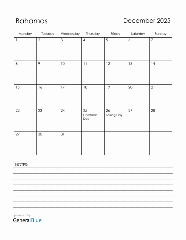 December 2025 Bahamas Calendar with Holidays (Monday Start)