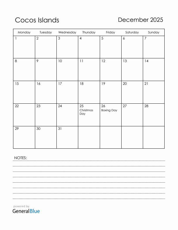 December 2025 Cocos Islands Calendar with Holidays (Monday Start)