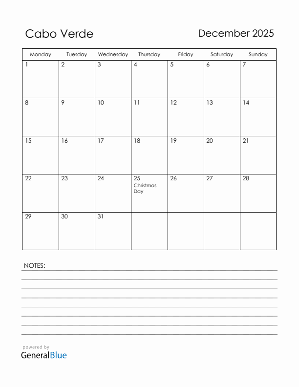 December 2025 Cabo Verde Calendar with Holidays (Monday Start)