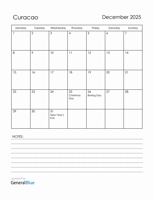 December 2025 Curacao Calendar with Holidays (Monday Start)