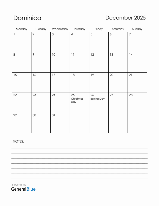 December 2025 Dominica Calendar with Holidays (Monday Start)