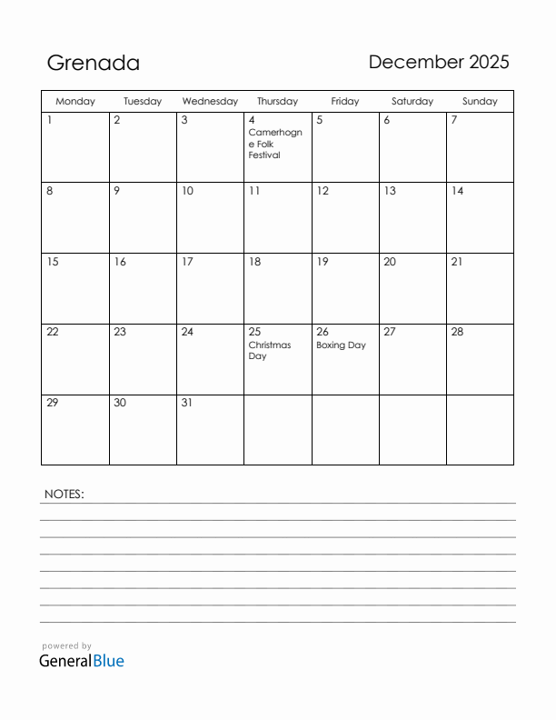 December 2025 Grenada Calendar with Holidays (Monday Start)