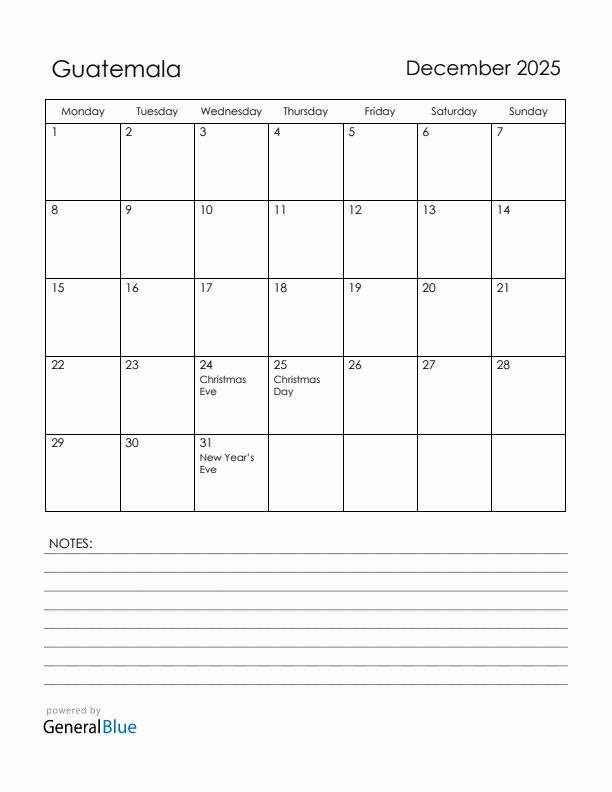 December 2025 Guatemala Calendar with Holidays (Monday Start)