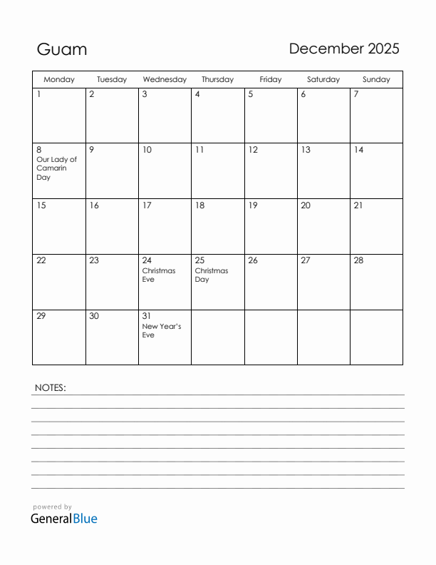 December 2025 Guam Calendar with Holidays (Monday Start)