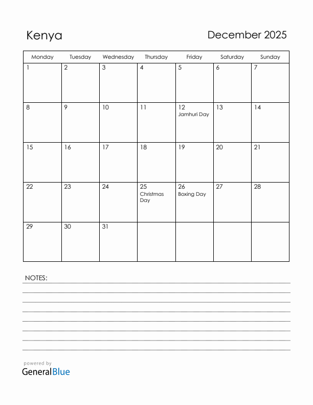 December 2025 Kenya Calendar with Holidays (Monday Start)