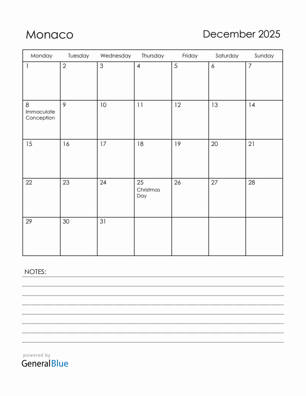 December 2025 Monaco Calendar with Holidays (Monday Start)