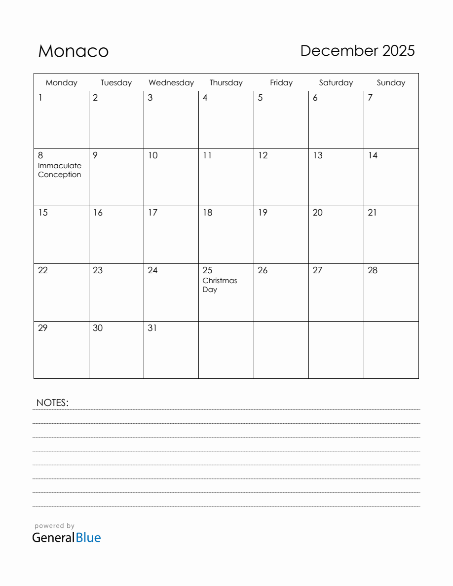 December 2025 Monaco Calendar with Holidays