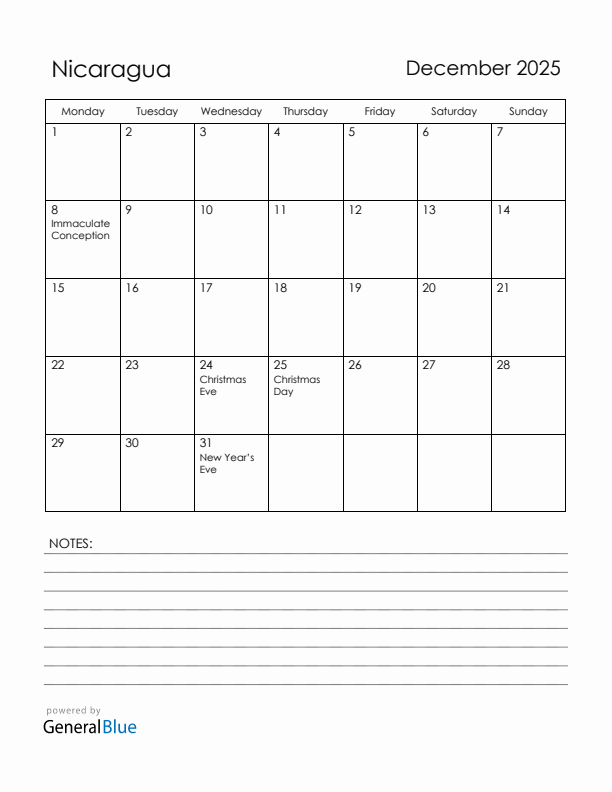December 2025 Nicaragua Calendar with Holidays (Monday Start)