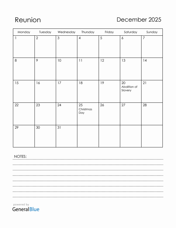 December 2025 Reunion Calendar with Holidays (Monday Start)