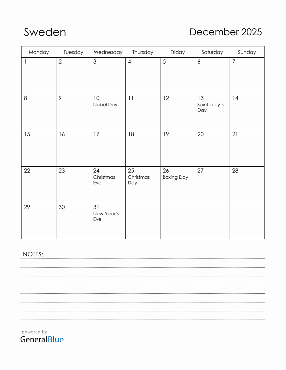 December 2025 Sweden Calendar with Holidays