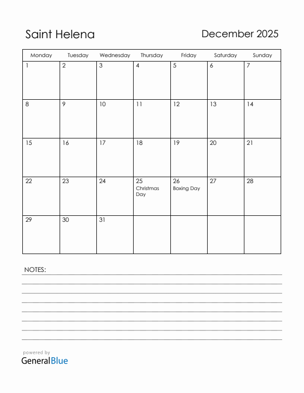 December 2025 Saint Helena Calendar with Holidays (Monday Start)