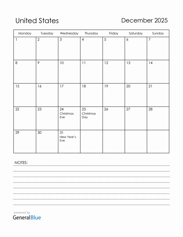 December 2025 United States Calendar with Holidays (Monday Start)