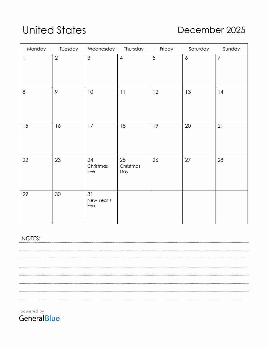December 2025 United States Calendar with Holidays