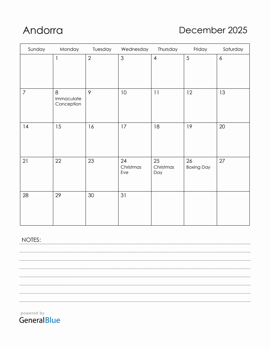 December 2025 Andorra Calendar with Holidays