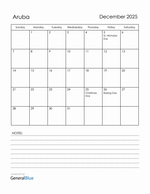 December 2025 Aruba Calendar with Holidays (Sunday Start)