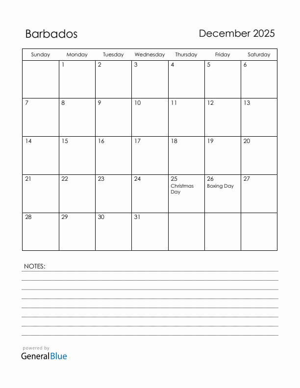 December 2025 Barbados Calendar with Holidays (Sunday Start)