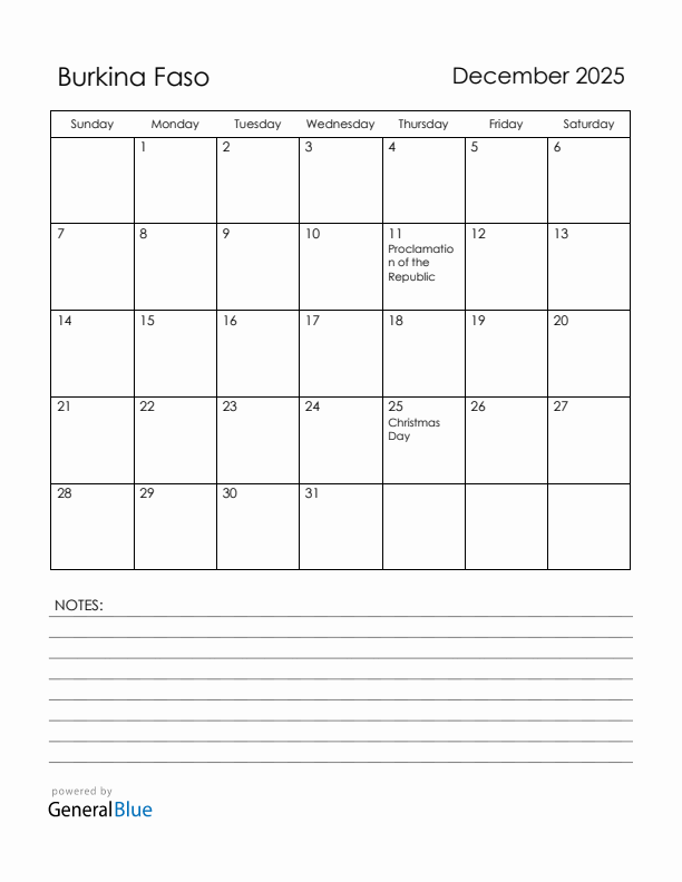December 2025 Burkina Faso Calendar with Holidays (Sunday Start)