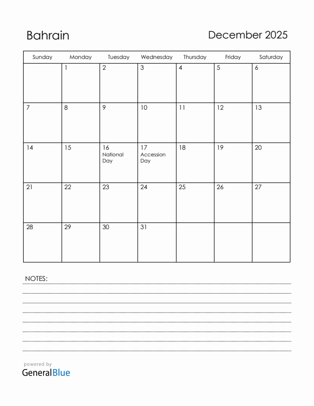 December 2025 Bahrain Calendar with Holidays (Sunday Start)