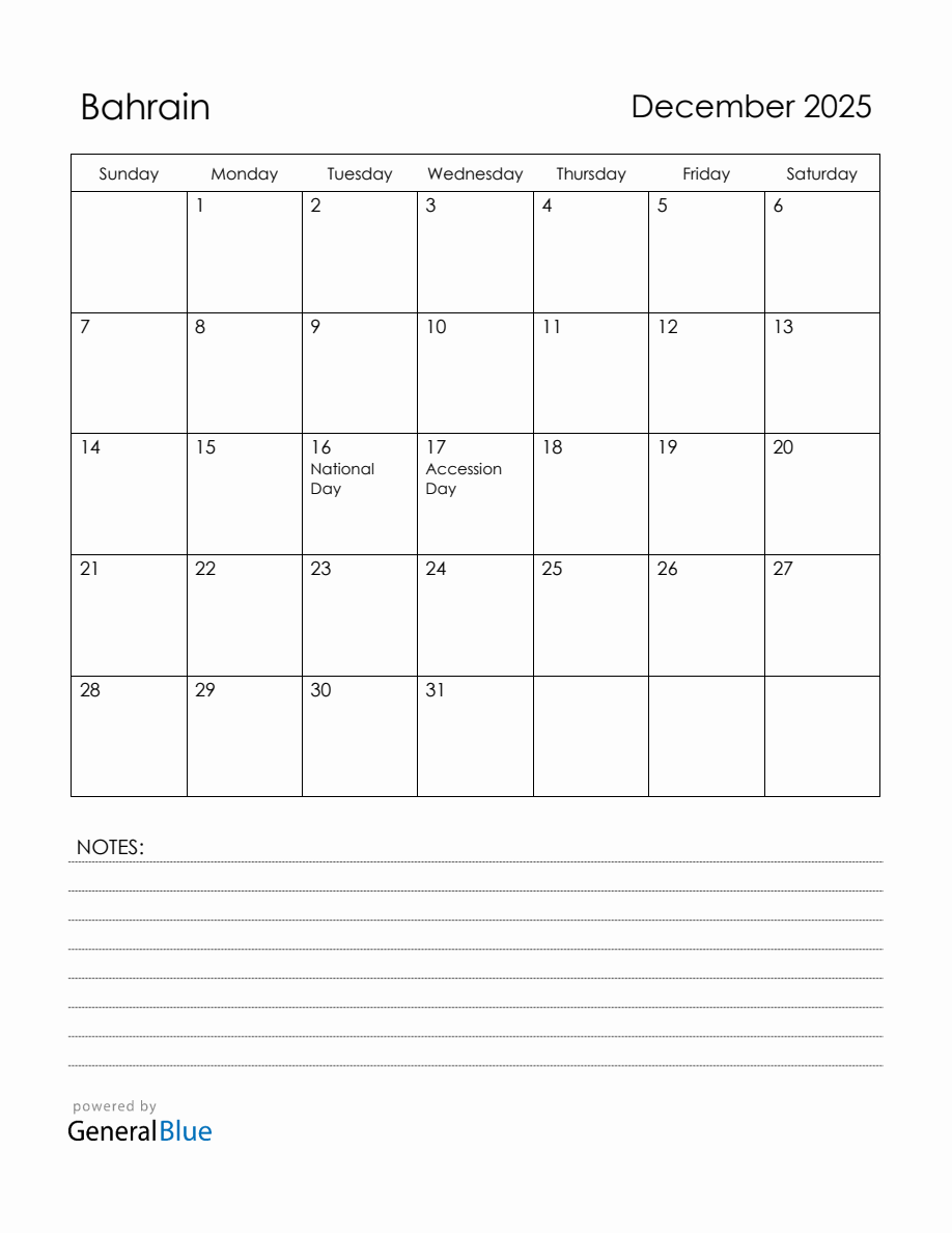 December 2025 Bahrain Calendar with Holidays