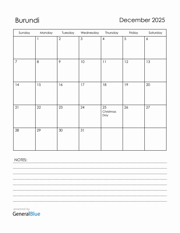 December 2025 Burundi Calendar with Holidays (Sunday Start)