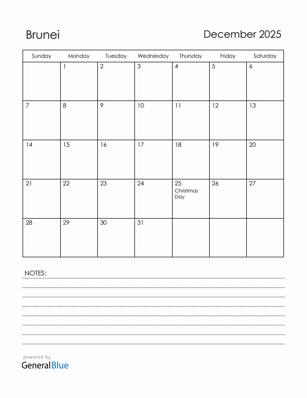 December 2025 Brunei Calendar with Holidays (Sunday Start)