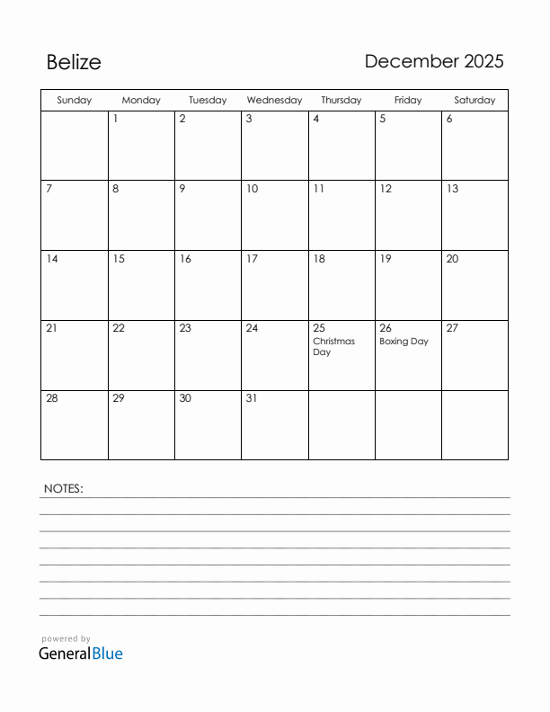 December 2025 Belize Calendar with Holidays (Sunday Start)