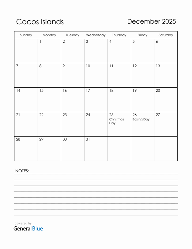December 2025 Cocos Islands Calendar with Holidays (Sunday Start)